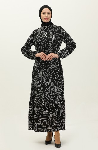 Line Patterned Belted Viscose Dress 0234-01 Black 0234-01