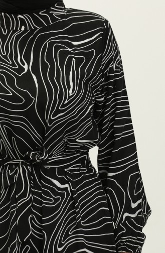 Çizgi Desenli Kuşaklı Viskon Elbise 0234-01 Siyah