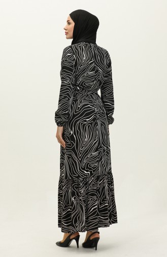 Line Patterned Belted Viscose Dress 0234-01 Black 0234-01