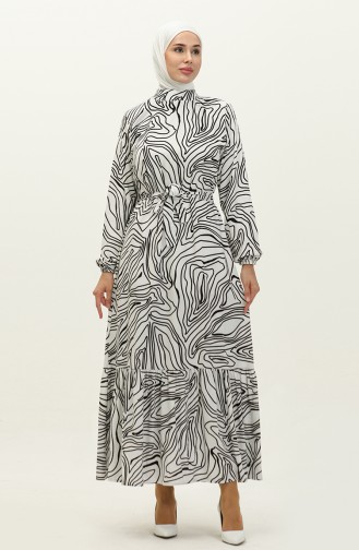 Line Gemustertes Kleid mit Gürtel aus Viskose 0234-02 Weiß 0234-02