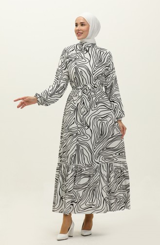فستان فيسكوز بتصميم مُطبع وحزام للخصر 0234-02 لون أبيض 0234-02