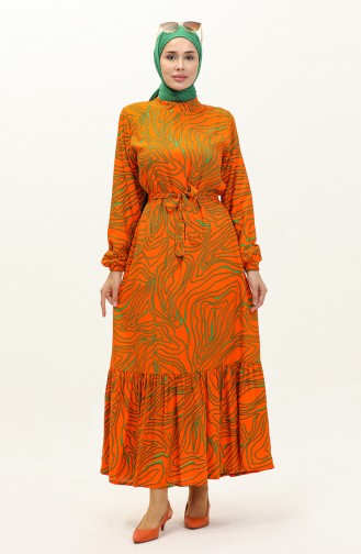 Stripe Patterned Belted Viscose Dress 0234-03 Orange 0234-03