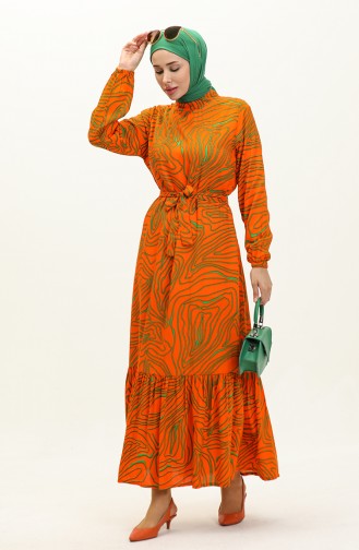 Stripe Patterned Belted Viscose Dress 0234-03 Orange 0234-03