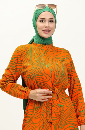 Stripe Patterned Belted Viscose Dress 0234-03 Orange 0234-03