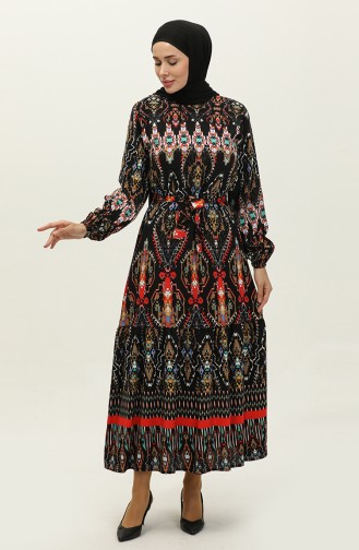 Color Patterned Viscose Dress 0237-02 Black 0237-02