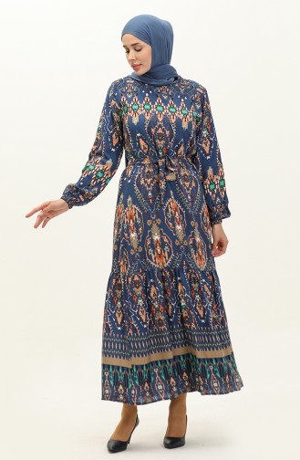 Colorful Patterned Viscose Dress 0237-04 Navy Blue 0237-04