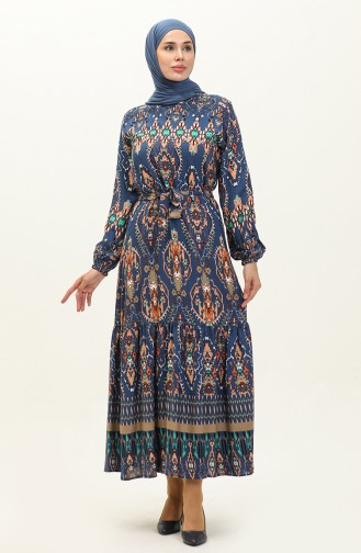 Colorful Patterned Viscose Dress 0237-04 Navy Blue 0237-04