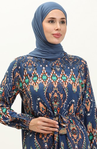 Colorful Patterned Viscose Dress 0237-04 Navy Blue 0237-04