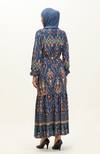 Colorful Patterned Viscose Dress 0237-04 Navy Blue 0237-04