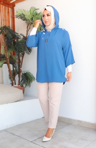 Plus Size Hooded Tunic 1301-01 İndigo 1301-01