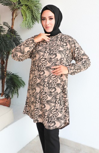 Plus Size Patterned Viscose Tunic 1401-02 Mink 1401-02