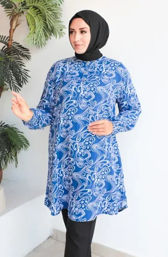 تونيك فيسكوز منقوش مقاس كبير 1401-04 انديجو 1401-04