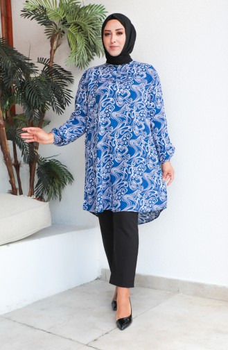 Plus Size Patterned Viscose Tunic 1401-04 İndigo 1401-04