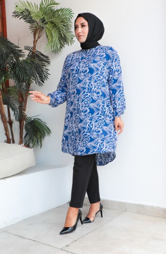 Plus Size Patterned Viscose Tunic 1401-04 İndigo 1401-04