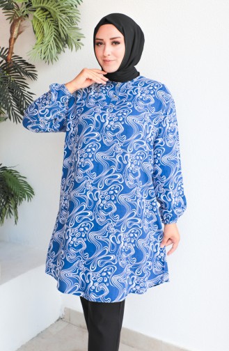 Plus Size Patterned Viscose Tunic 1401-04 İndigo 1401-04