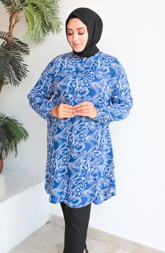 Plus Size Patterned Viscose Tunic 1401-04 İndigo 1401-04