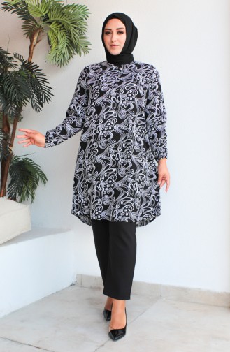 Plus Size Patterned Viscose Tunic 1401-05 Black 1401-05