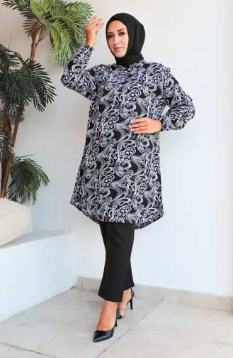 Plus Size Patterned Viscose Tunic 1401-05 Black 1401-05