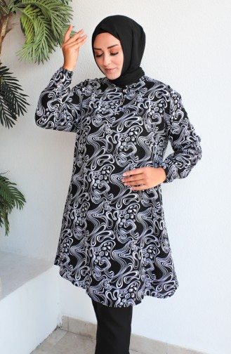 Plus Size Patterned Viscose Tunic 1401-05 Black 1401-05