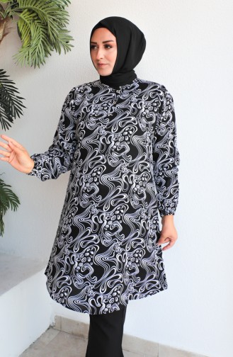 Plus Size Patterned Viscose Tunic 1401-05 Black 1401-05