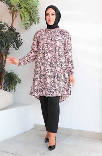 Plus Size Patterned Viscose Tunic 1401-06 Powder 1401-06