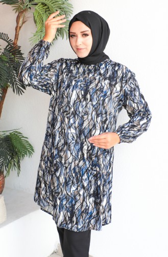 Plus Size Patterned Viscose Tunic 1407-01 Navy Blue 1407-01