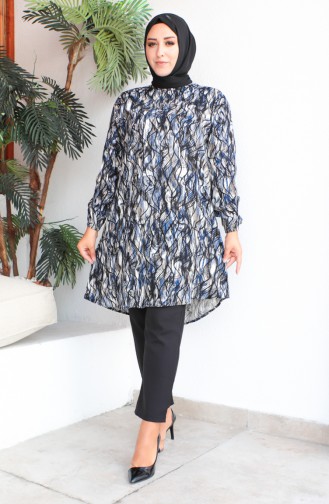 Plus Size Patterned Viscose Tunic 1407-01 Navy Blue 1407-01