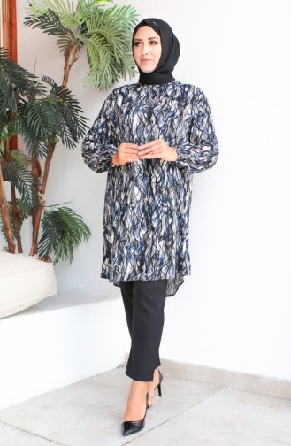 Plus Size Patterned Viscose Tunic 1407-01 Navy Blue 1407-01