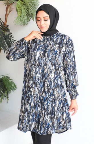 Plus Size Patterned Viscose Tunic 1407-01 Navy Blue 1407-01