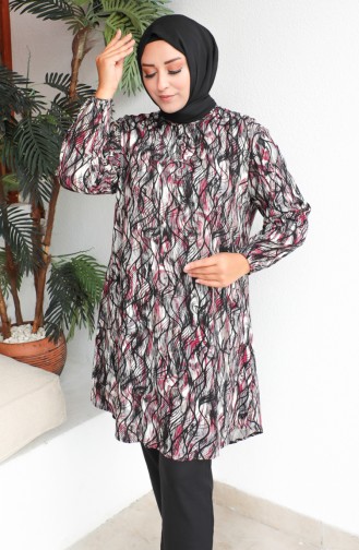 Plus Size Patterned Viscose Tunic 1407-02 Claret Red 1407-02