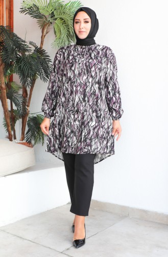 Plus Size Patterned Viscose Tunic 1407-04 Purple 1407-04