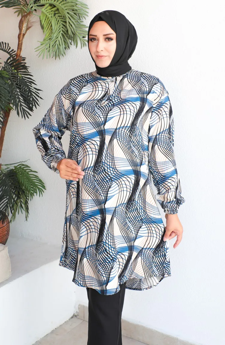 Tunique Viscose à Motifs Grande Taille 1411-01 Indigo 1411-01