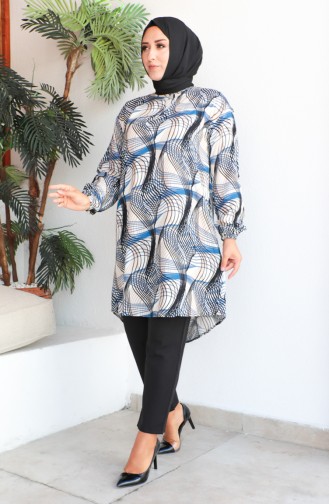 Plus Size Patterned Viscose Tunic 1411-01 İndigo 1411-01