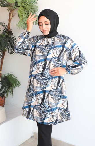 Plus Size Patterned Viscose Tunic 1411-01 İndigo 1411-01