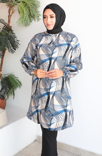 Plus Size Patterned Viscose Tunic 1411-01 İndigo 1411-01