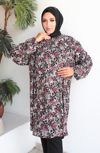 Plus Size Patterned Viscose Tunic 1413-01 Dry Black Rose 1413-01