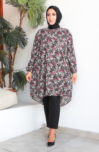 Plus Size Patterned Viscose Tunic 1413-01 Dry Black Rose 1413-01