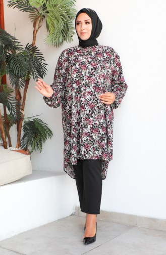 Plus Size Patterned Viscose Tunic 1413-01 Dry Black Rose 1413-01