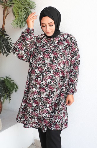 Grote Maat Viscose Tuniek Met Patroon 1413-01 Zwart Stoffig Roze 1413-01