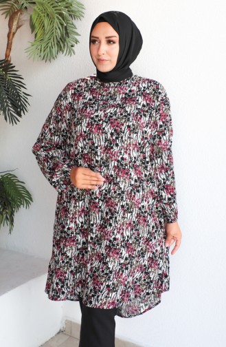 Plus Size Patterned Viscose Tunic 1413-01 Dry Black Rose 1413-01