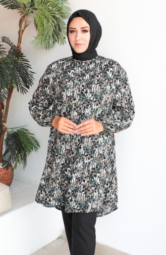 Plus Size Patterned Viscose Tunic 1413-02 Black Green 1413-02