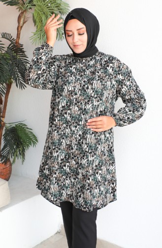 Plus Size Patterned Viscose Tunic 1413-02 Black Green 1413-02