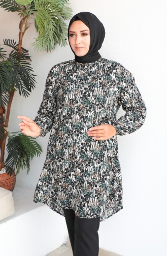 Plus Size Patterned Viscose Tunic 1413-02 Black Green 1413-02