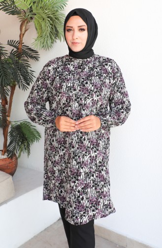 Plus Size Patterned Viscose Tunic 1413-03 Black Purple 1413-03