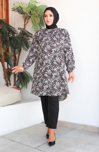 Plus Size Patterned Viscose Tunic 1413-03 Black Purple 1413-03