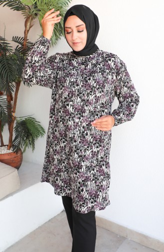 Plus Size Patterned Viscose Tunic 1413-03 Black Purple 1413-03