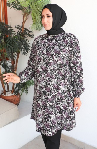 Plus Size Patterned Viscose Tunic 1413-03 Black Purple 1413-03