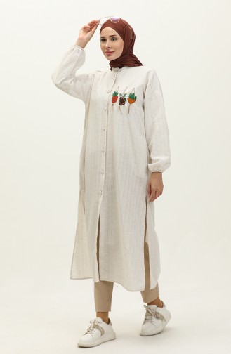 Lange Tunika Aus Besticktem Leinen 24Y9043-10 Creme 24Y9043-10