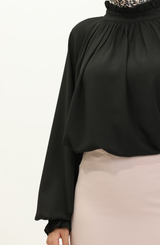 Oyya Rüschendetaillierte Geraffte Bluse 238482-01 Schwarz 238482-01