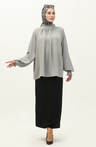 Oyya Geraffte Bluse mit Rüschenverzierung 238482-03 Grau 238482-03